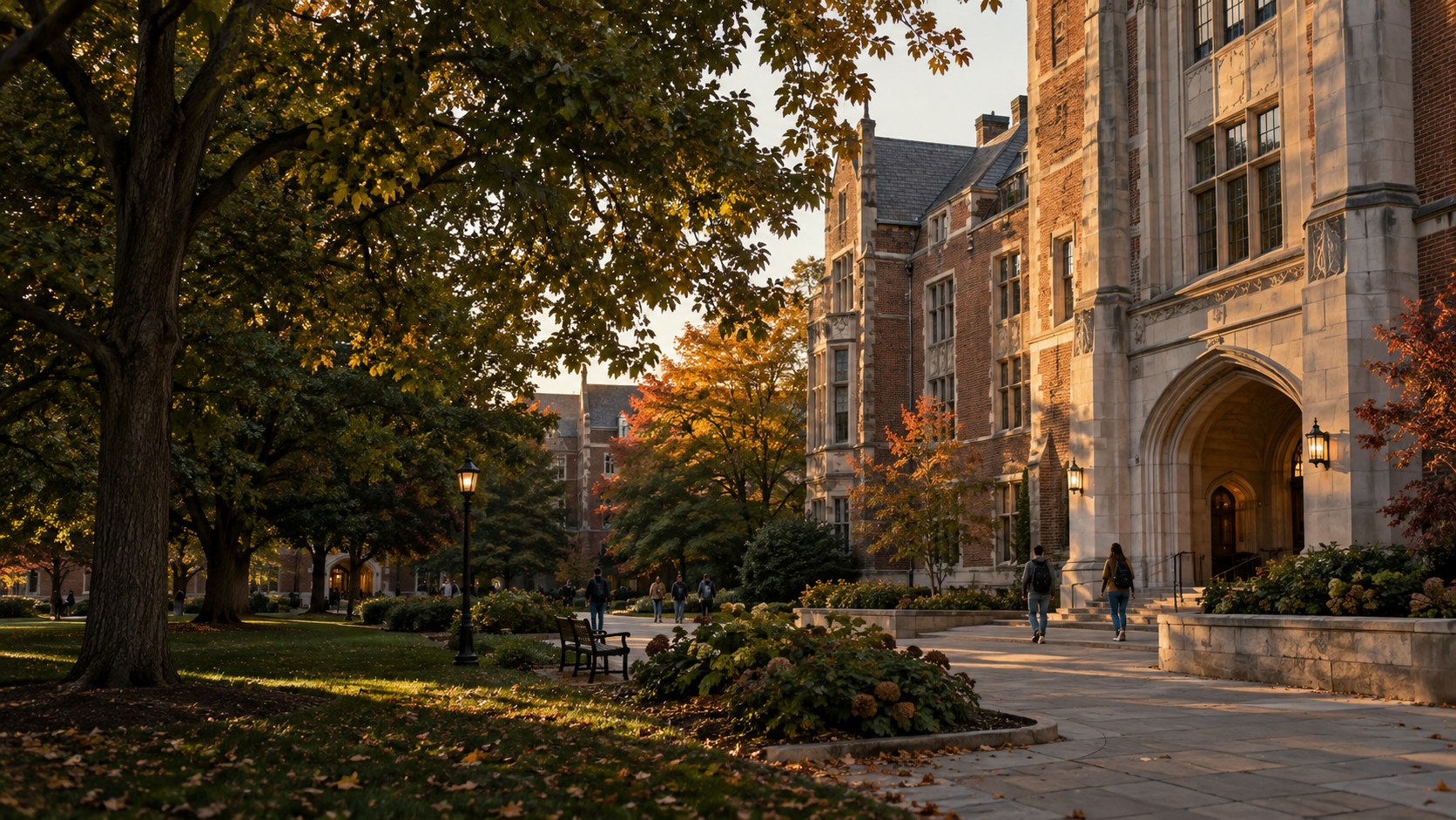 An imagined university courtyard with warm brick buildings and tree-lined paths